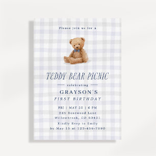 Convites Aniversário de um ano do ursinho xadrez de gingham