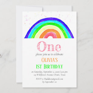 Convites Aniversário de um ano em aquarela arco-íris femini