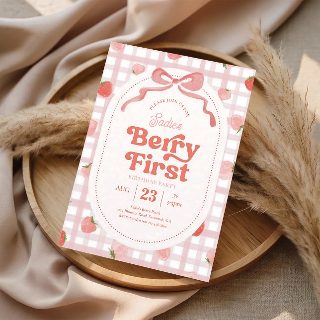 Convites Aniversário de um ano Gingham Berry (Criador carregado)