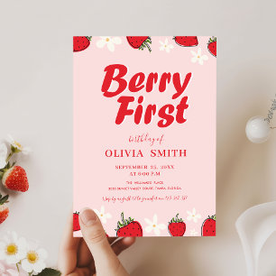 Convites Aniversário de Um Ano Minimalista Morango Vermelho
