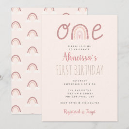 Convites Aniversário de Um Ano Nuvens Arco-íris Rosa Pastel
