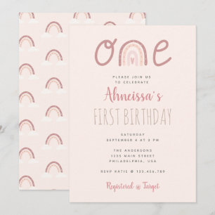Convites Aniversário de Um Ano Nuvens Arco-íris Rosa Pastel