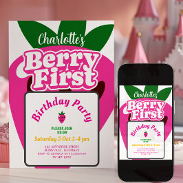 Convites Aniversário de Um Ano Rosa Brilhante Morango Fruta