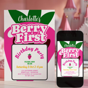 Convites Aniversário de Um Ano Rosa Brilhante Morango Fruta