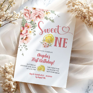 Convites Aniversário de Um Ano Rosa Floral Limão Doce