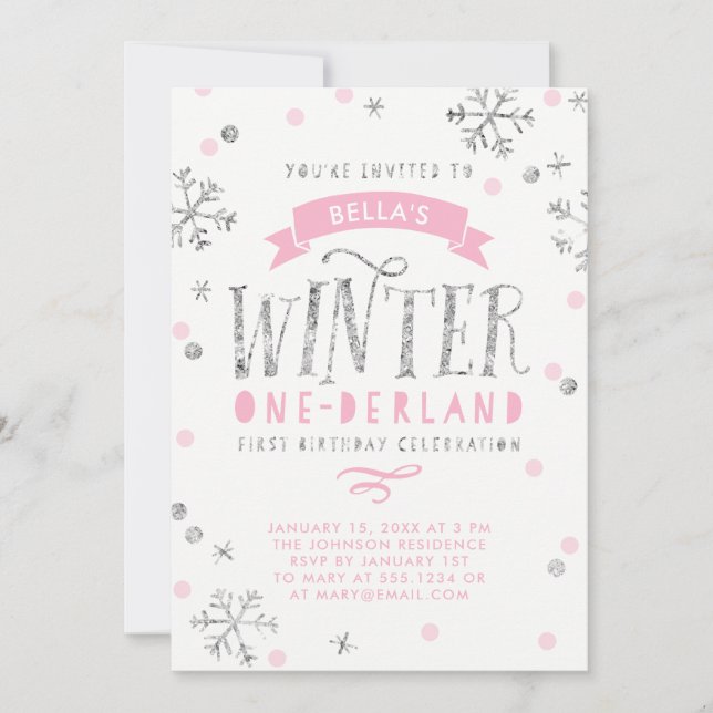 Convites Aniversário de Um Ano Silver e Pink Winter Onederl (Frente)