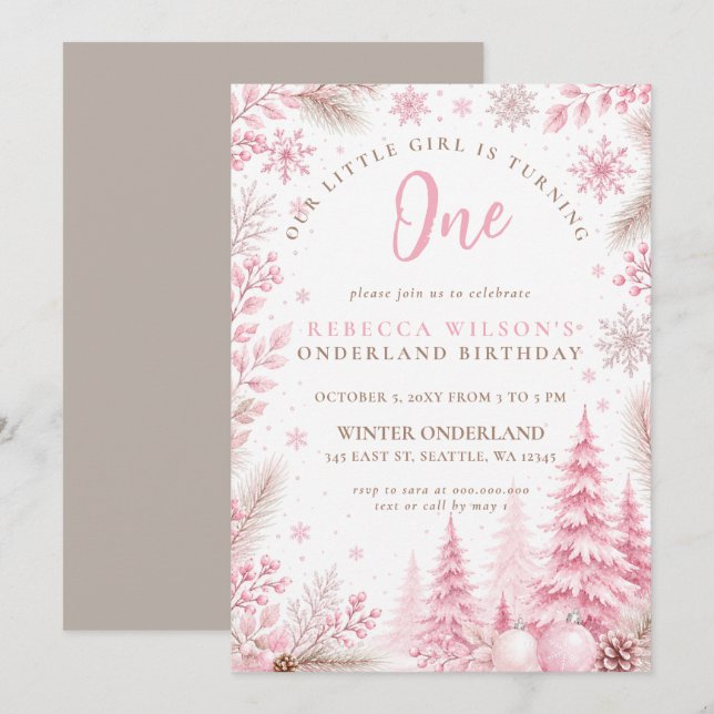 Convites Aniversário de Um Ano Winter Onderland Floco de Ne (Frente/Verso)