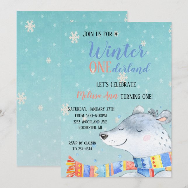 Convites Aniversário de Um Ano Winter Onederland (Frente/Verso)