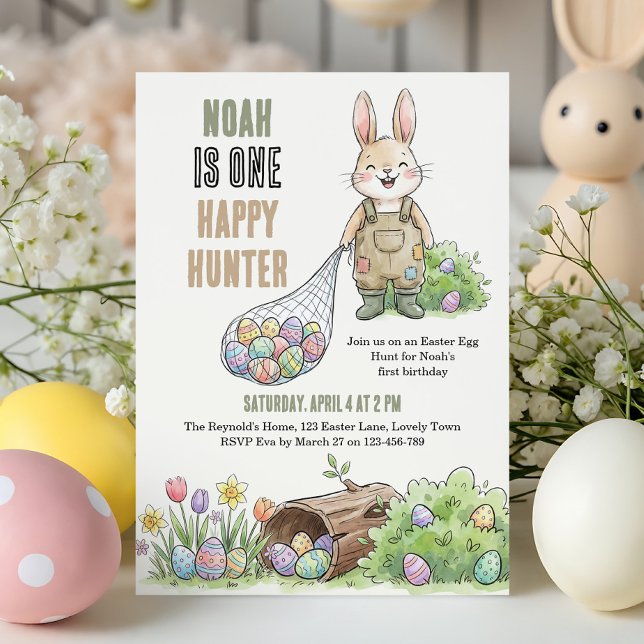 Convites Aniversário de Um Caçador Feliz com Tema de Páscoa (One Happy Hunter - Easter egg hunt themed 1st birthday invitation)