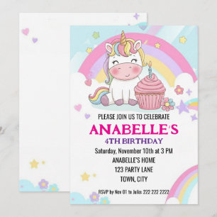Convites Aniversário de Unicórnio Arco-Íris Mágico Personal