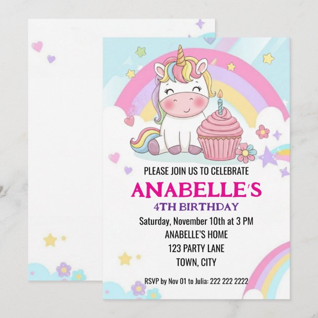 Convites Aniversário de Unicórnio Arco-Íris Mágico Personal (Frente/Verso)