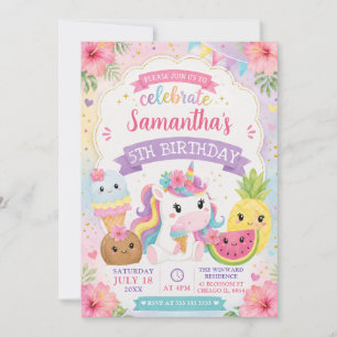 Convites Aniversário de Unicórnio de Verão em Aquarela Fofa