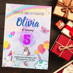 Convites Aniversário de Unicórnio Mágico com Arco-íris Colo