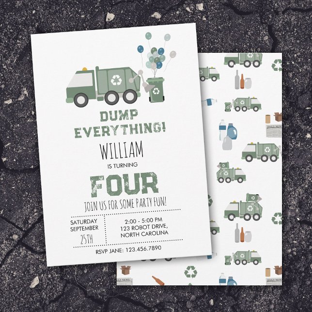 Convites Aniversário de Veículos de Caminhão de Reciclagem  (Cute Green Recycling Truck Boys Vehicles Birthday Invitation)