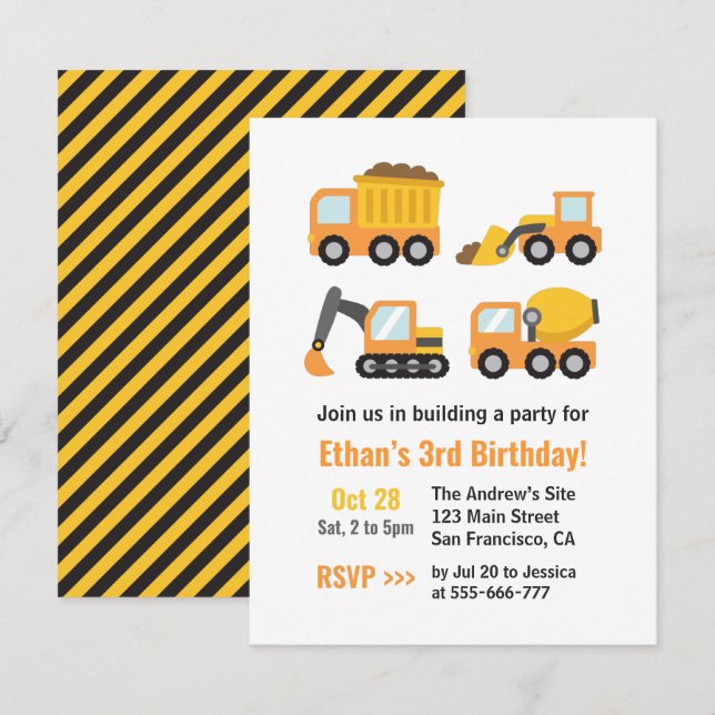 Convites Aniversário de Veículos de Construção e Caminhões (Frente/Verso)