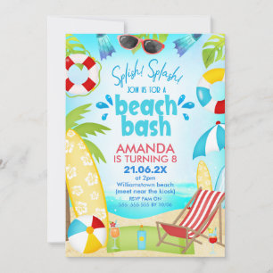 Convites Aniversário de Verão Azul Vermelho na Praia Bash