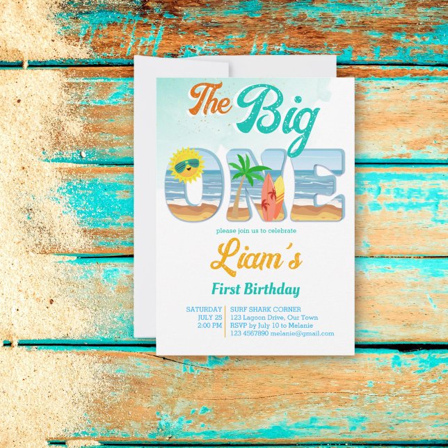 Convites aniversário de verão na praia de surfe Big One (The Big One Surfing beach first birthday party invitation template instant download surf boards sun)