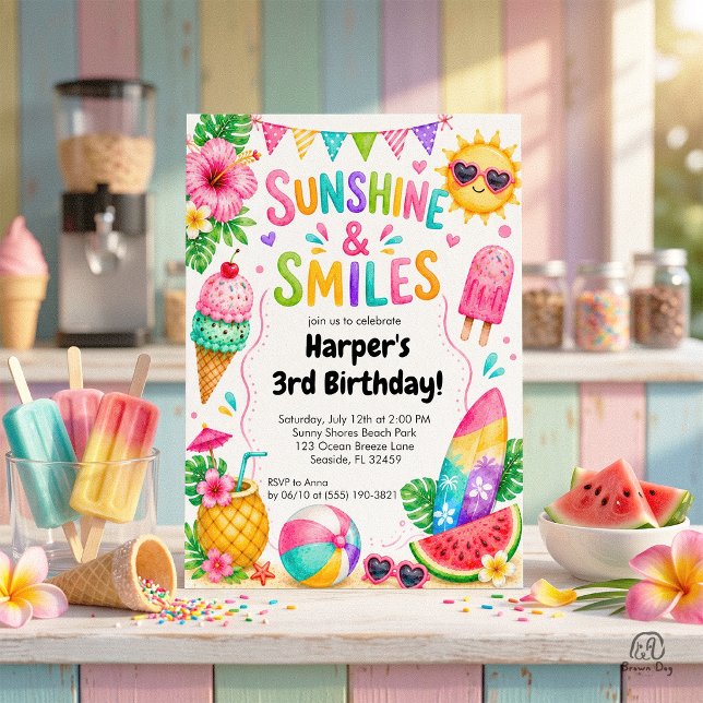 Convites Aniversário de Verão Tropical Sol e Sorrisos (Criador carregado)