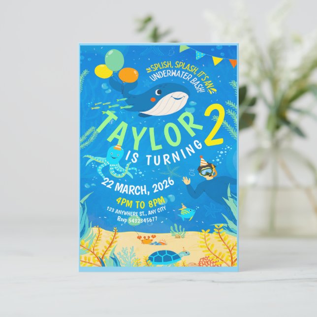 Convites aniversário de vida marinha submarina (Em pé/Frente)