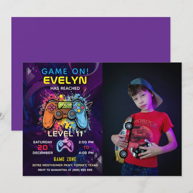 Convites Aniversário de Video Game Game On Level Up (Frente/Verso)