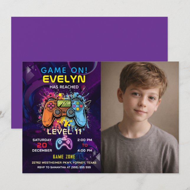 Convites Aniversário de Video Game Game On Level Up (Frente/Verso)