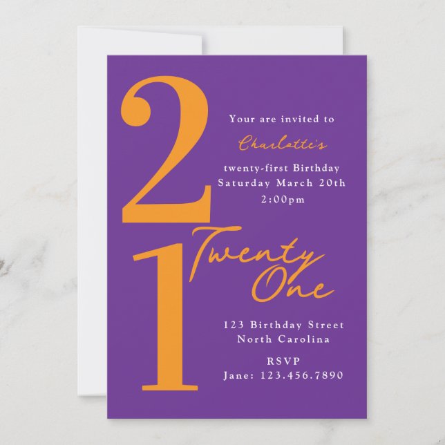 Convites Aniversário de Vinte e Um 21º Roxo Laranja Moderno (Frente)