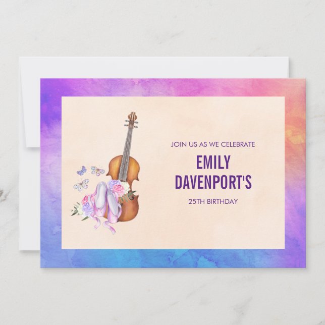 Convites Aniversário de Violino, Sapatilhas de Balé e Borbo (Frente)