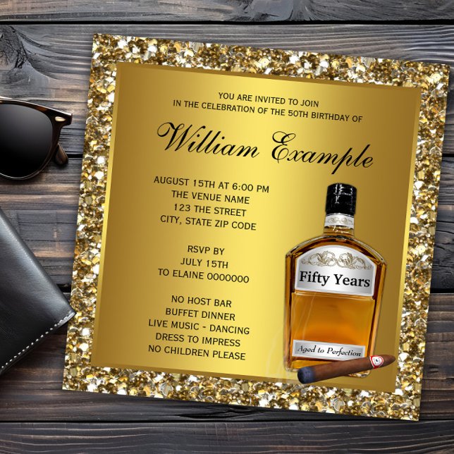 Convites Aniversário de Whiskey Mans Gold Aged To Perfectio (Mans whiskey and cigar birthday any occasion invitation. All text, font and wording can be changed.)