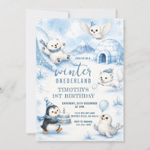 Convites Aniversário de Winter Onederland Animais Árticos
