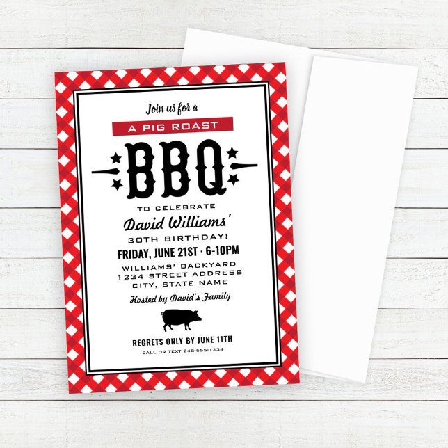 Convites Aniversário de Xadrez Vermelho Assado de Porco BBQ (Criador carregado)