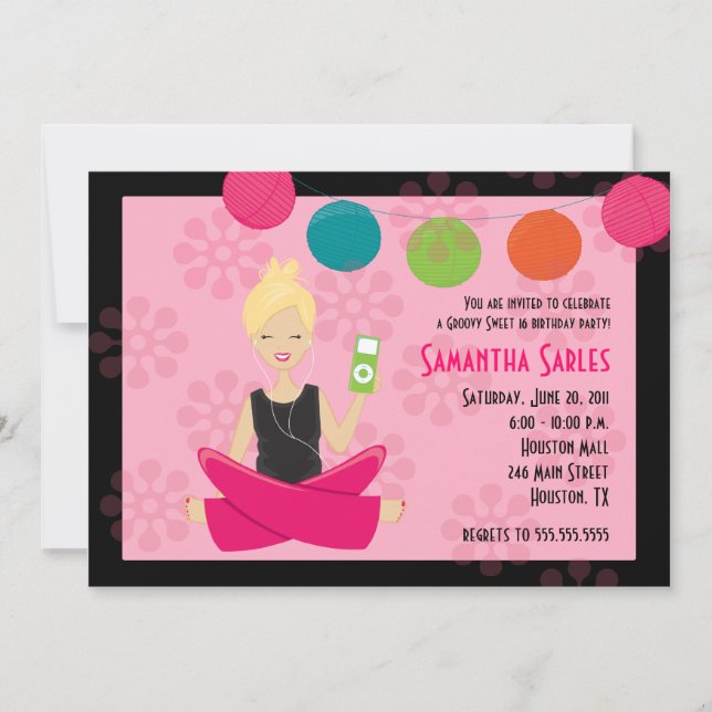 Convites Aniversário DEZESSEIS 5x7 ANCA & GROOVY do DOCE 16 (Frente)