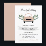 Convites Aniversário dirige-se por uma folhagem verde cor-d<br><div class="desc">Convite para aniversário de apresentação de aniversário de folhagem verde de carro cor-de-rosa</div>