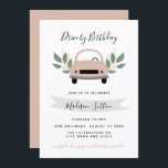 Convites Aniversário dirige-se por uma folhagem verde cor-d<br><div class="desc">Convite para aniversário de apresentação de aniversário de folhagem verde de carro cor-de-rosa</div>