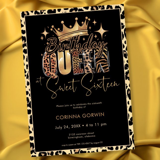 Convites Aniversário Divertido da Rainha Leopardo Doce Deze (Fun Leopard Birthday Queen Sweet Sixteen Birthday Invitation)