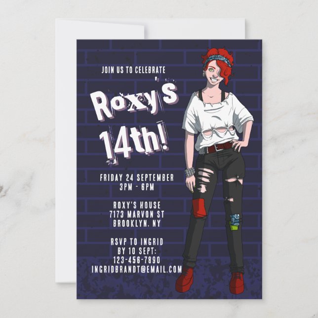 Convites Aniversário do 14 de Ilustração de Menina de Punk (Frente)