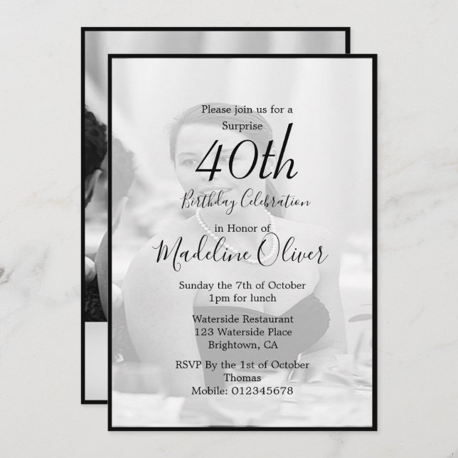 Convites Aniversário do 40th Classy Monogramas Black White (Frente/Verso)