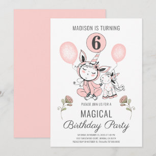 Convites Aniversário do 6 da Unicorn, Cor-de-Água Cor Ros