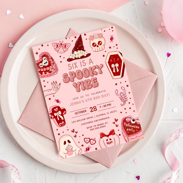 Convites Aniversário do 6 de Halloween Retro, Rosa e Vermel (Pink and Red Retro Halloween 6th Birthday Invitation - Six is a Vibe)