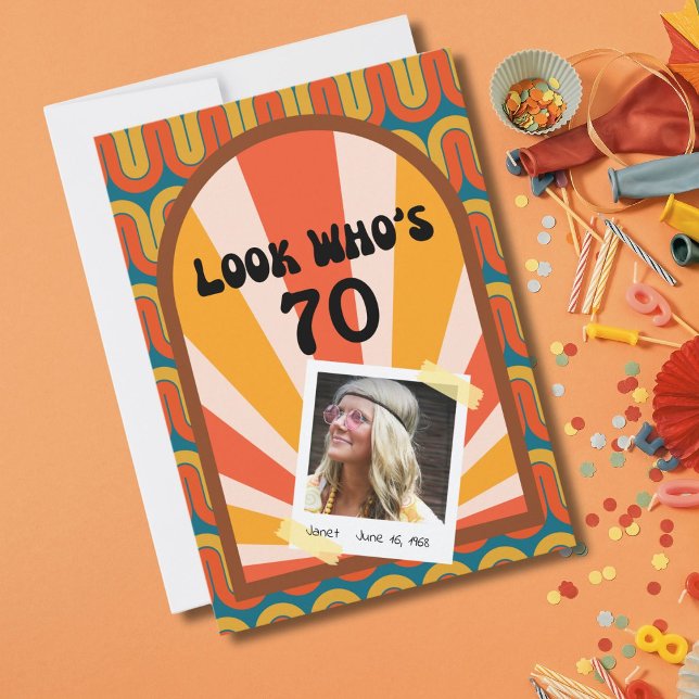Convites Aniversário do 70 de Foto de Hippie 60 (Groovy waves and a polaroid template for a photo of the birthday celebrant! )