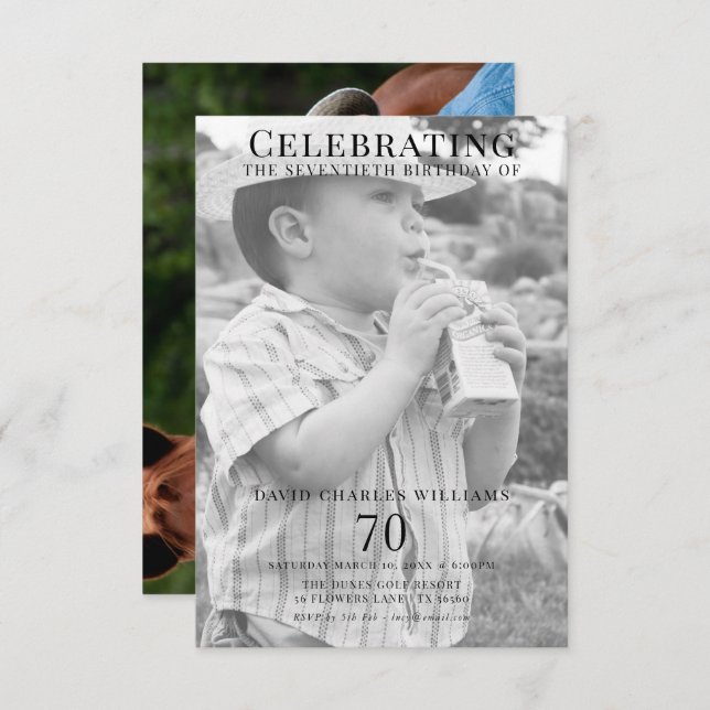 Convites Aniversário do 70 de Foto Duplo Jovem/Antigo (Frente/Verso)