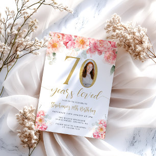 Convites Aniversário do 70 de Foto Floral Rosa e Dourada