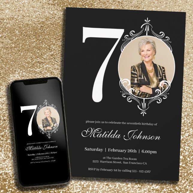 Convites Aniversário do 70 de Foto Personalizada do Black W (70th Birthday Black White Classy Custom Photo Invitation)