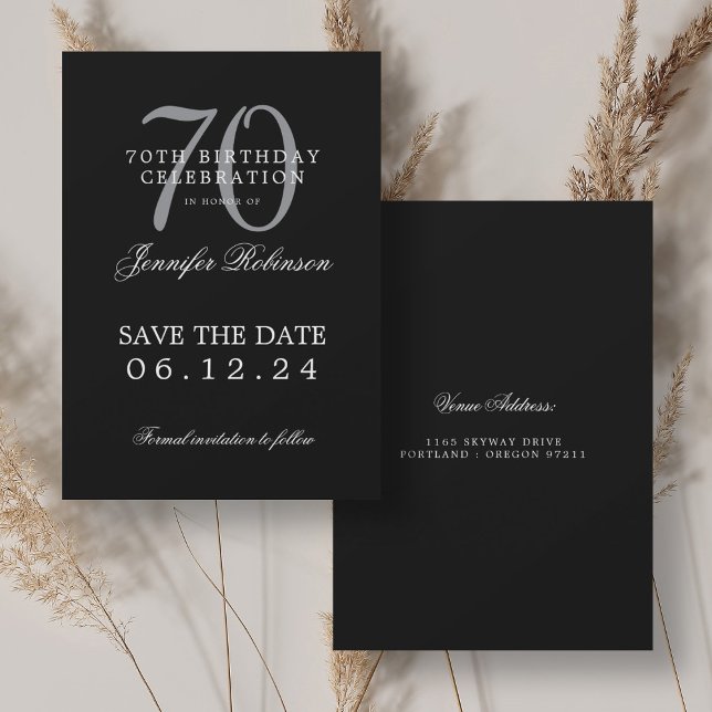 Convites Aniversário do 70 de Prata Preto Salve a Data (Silver Black 70th Birthday Save the Date Invitation)