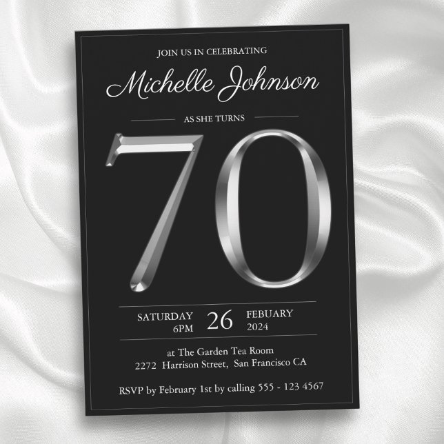 Convites Aniversário do 70 de Tipografia Negra e Prata (Black and Silver Typography 70th Birthday Invitation)
