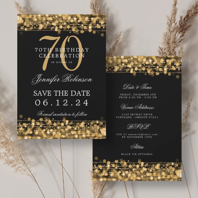 Convites Aniversário do 70 Dourado Guarde a Data com Detalh (Gold 70th Birthday Save the Date w/ Details Invitation)
