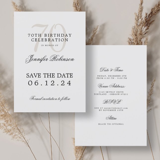 Convites Aniversário do 70 Elegante Guarde a Data com Detal (Elegant 70th Birthday Save the Date w/ Details Invitation)