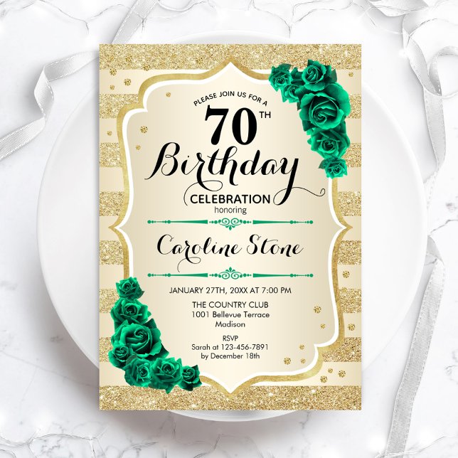Convites Aniversário do 70 Floral Elegante Verde Dourado (Criador carregado)