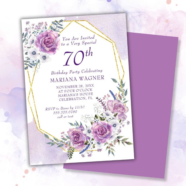 Convites Aniversário do 70 Floral Purple da Aquarela Elegan (Criador carregado)