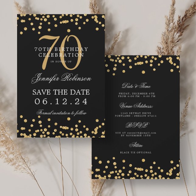 Convites Aniversário do 70 Preto Dourado Guarde a Data e os (Gold Black 70th Birthday Save the Date & Details Invitation)