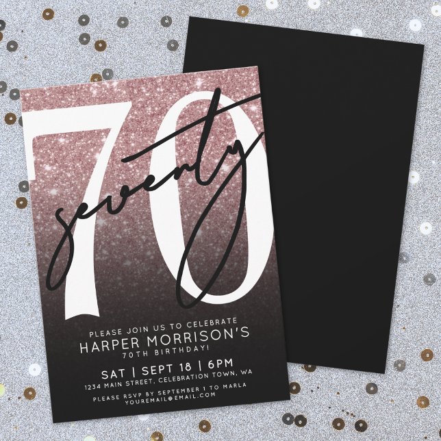 Convites Aniversário do 70 rosa Dourado Glitter (Rose Gold Glitter 70th Birthday Invitation)